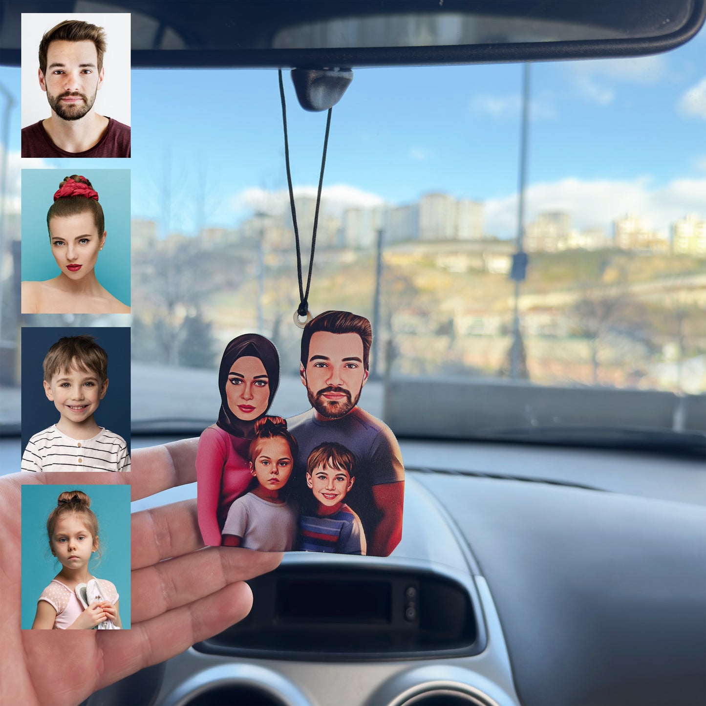 4 Kişi Aile Tasarımlı Karikatür Dikiz Ayna Süsü